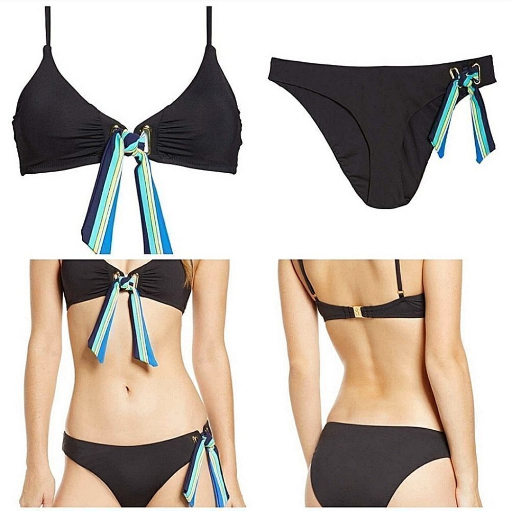 TRINA TURK BLACK IPANEMA SOLID BRALETTE BIKINI 2 pc set FRENCH CUT Bottom size 2